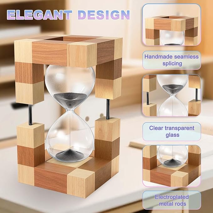 Sand Timer 60 Minute, Large Wooden Hourglass, 60 Min Wood Sand Clock Hour Glass, Reloj De Arena, Decorative Sandglass, Classrom,Office,Cooking, Black Sand