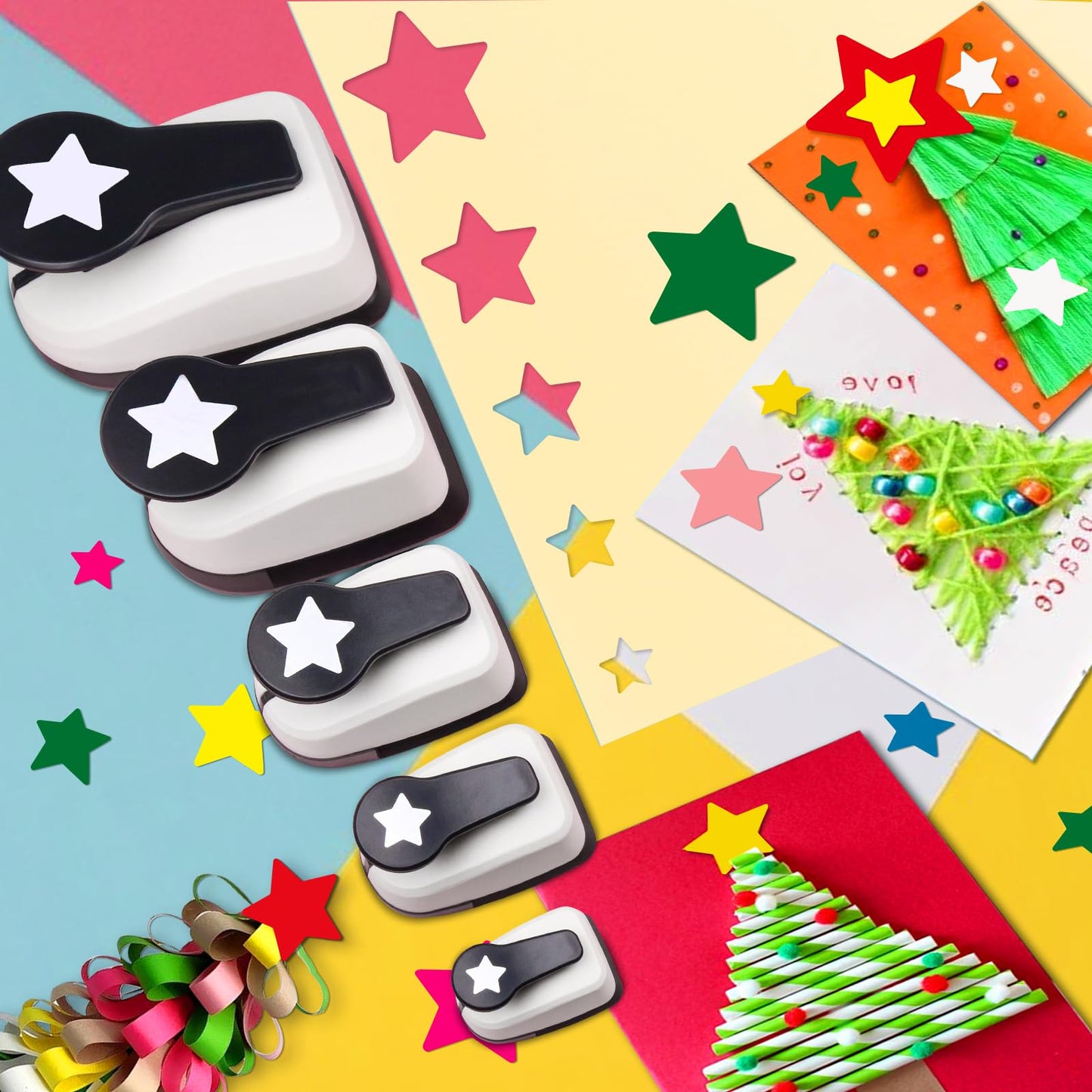 Star Hole Punch, Star Punches for Paper Crafts, Stars Paper Puncher Shape, 1 inch Stars Punch for Crafting, Large Hole Puncher, Scrapbook Punches 2 in, 1.5 in, 1 in, 5/8 in, 3/8 in - 5 Pcs