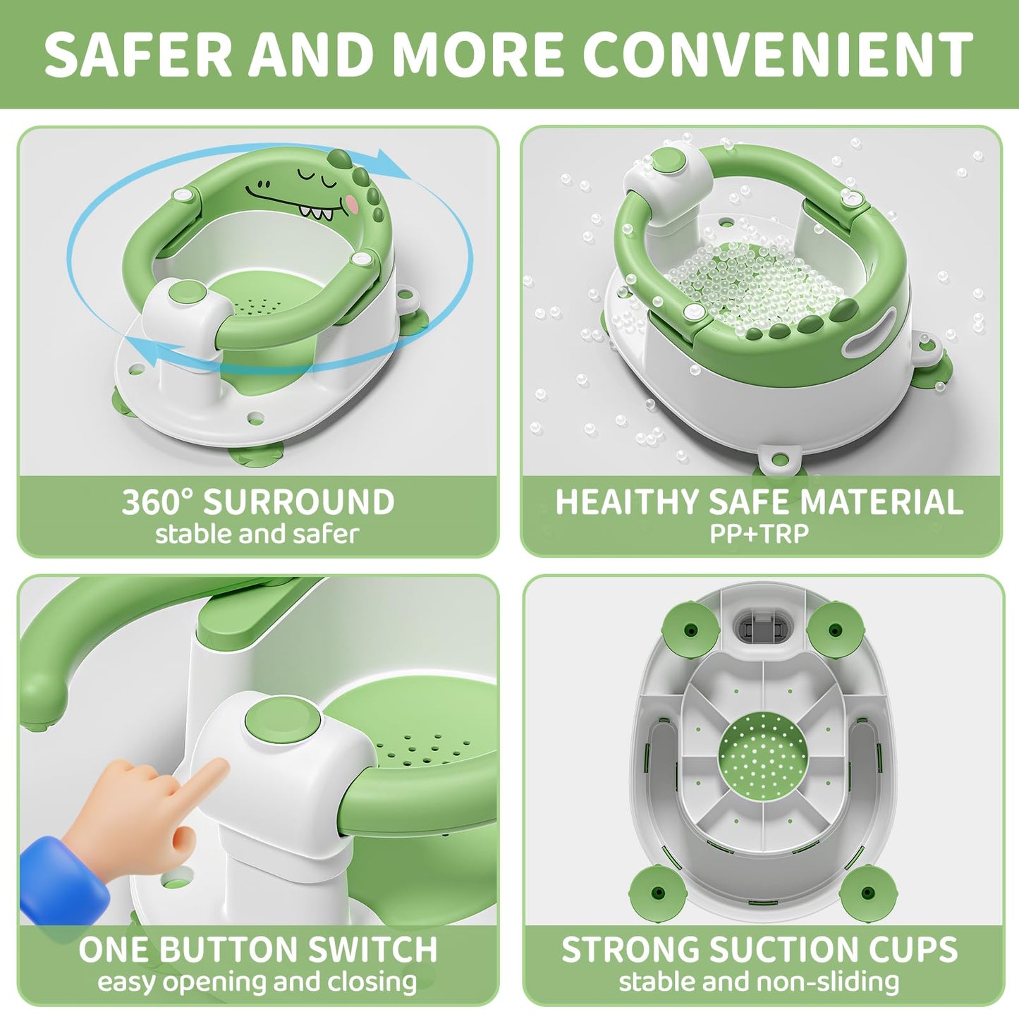 TPN Baby Bath Seat for Babies 6 Months & Up, Non-Slip Toddler Bath Seat with 5 PCS Waterproof Emoji Stickers, Portable Infant Bath Seat for Baby(Green)