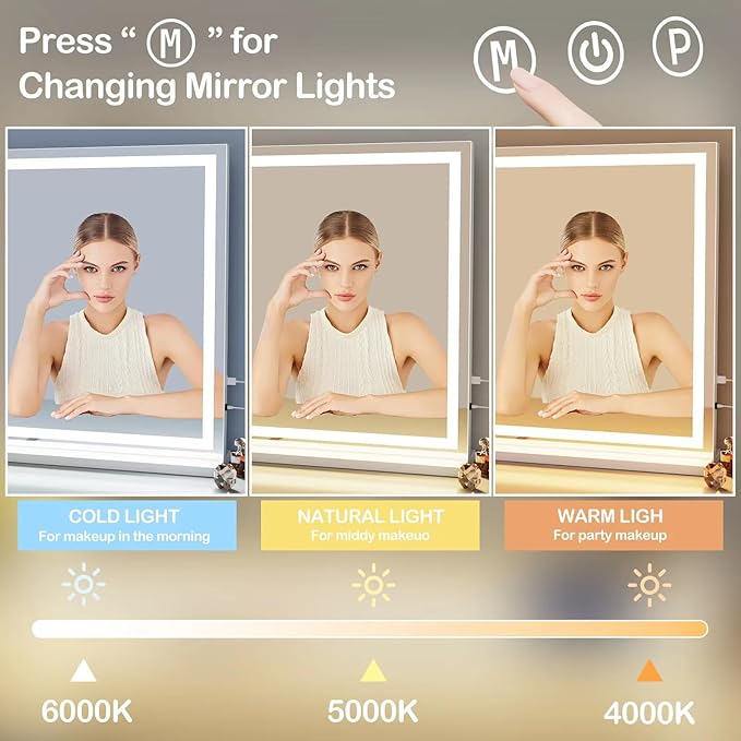Vanity Mirror with Lights, 28" x 22" LED Makeup Mirror, Lighted Makeup Mirror with 10X Magnification,Dimmable 3 Modes, Touch Screen Control Vanity Mirror Round Gold