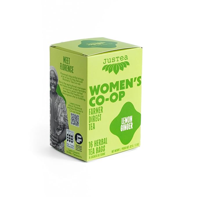 JusTea LEMON GINGER | Herbal Tea Bags, Caffeine-Free, Organic Ginger and Lemongrass Tea | Fair-Trade | Plastic-Free Tea Bags | Vegan, Sugar-Free, Gluten-Free | 16 Tea Bags