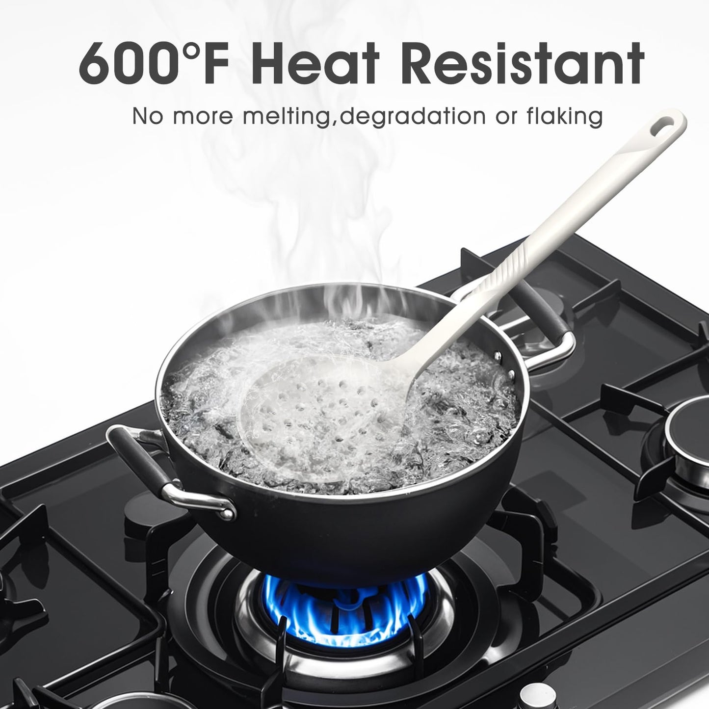 Silicone Cooking Utensils Set - 600°F Heat Resistant, Nonstick Kitchen Utensil Set with Spatulas, Spoons, Whisk, Tongs, BPA Free, Dishwasher Safe, Cream White