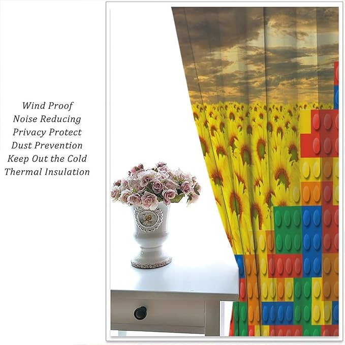 Colorful Building Blocks Sunflower Flower 3D Toy Printed Curtains, Building Blocks, Floral Sunflower Curtains, Interesting Brick 3D Design, Boys and Girls Room Curtain Panels, 2 Panels 42x54in