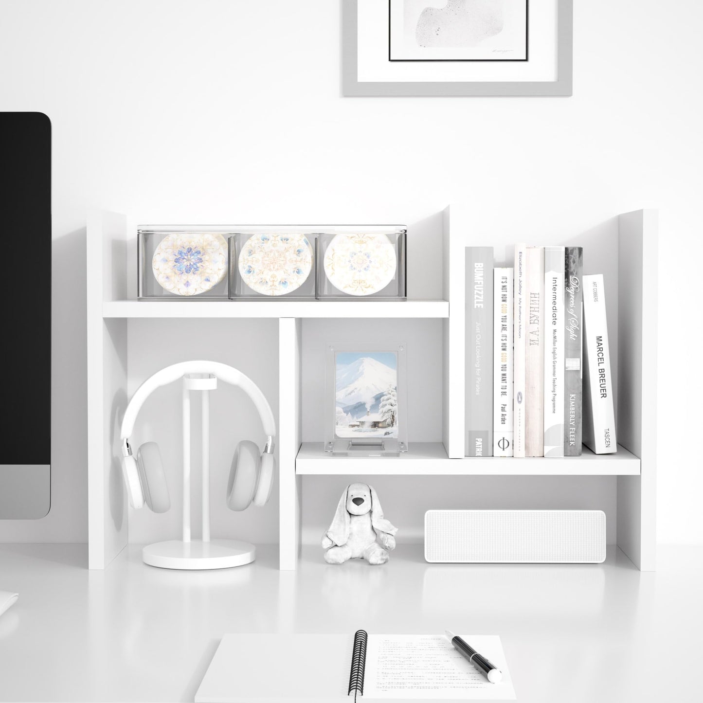 Jerry & Maggie Desktop Organizer Office Storage Rack Adjustable Wood Display Shelf Free Style Double H, Multi-Functional Mini Bookshelf for Desk Natural Stand (White)
