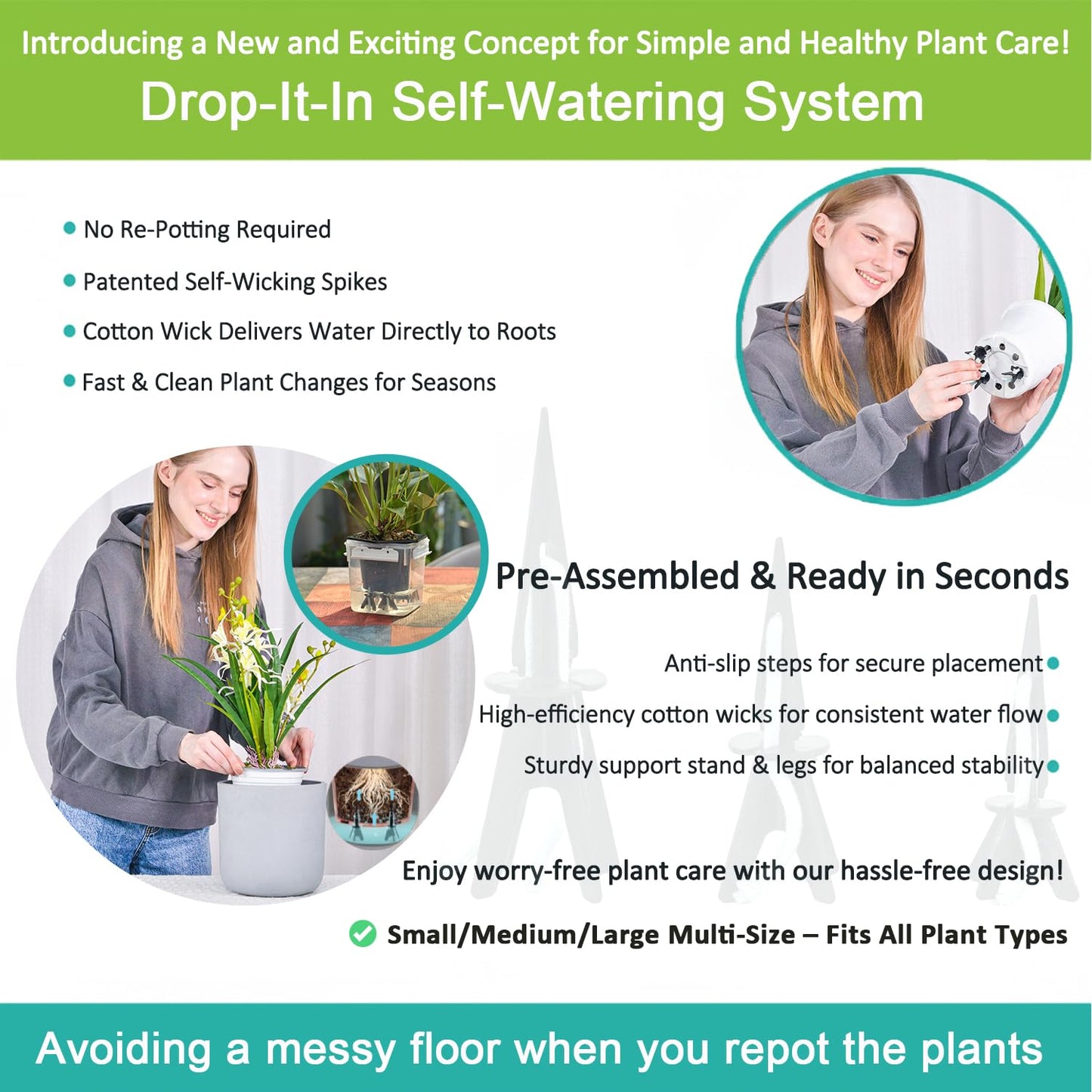 GreenShip 4 Pack Self Watering Planter Insert Watering Spikes, Watering Stakes with Wicking Rope, Plant Spikes for Indoor Outdoor Plants, Vacation Plant Watering Device for Planter Height 4.7" to 12"
