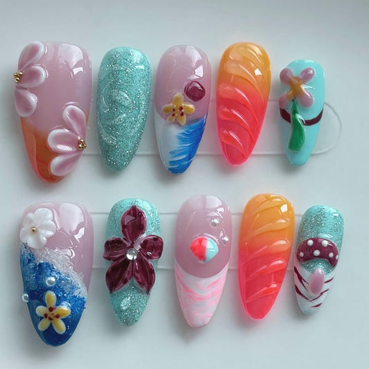 Threelegscat Summer 3D Flower Press on Nails Medium, Pink Orgen Almond Shap Handmade Reusable Fake Nails, For Woman Beach Vacation Party Size M 10 Pcs
