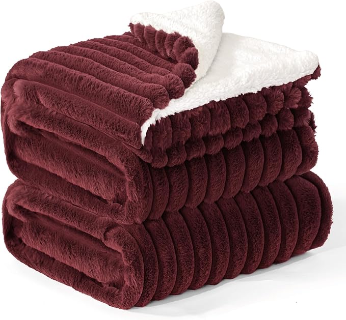 INFIIXSO Sherpa Throw Blanket for Couch - Super Soft & Warm Striped Fleece Blanket, Cozy Plush Fluffy Blanket All Season Use (Burgundy, 60x80 Inches)