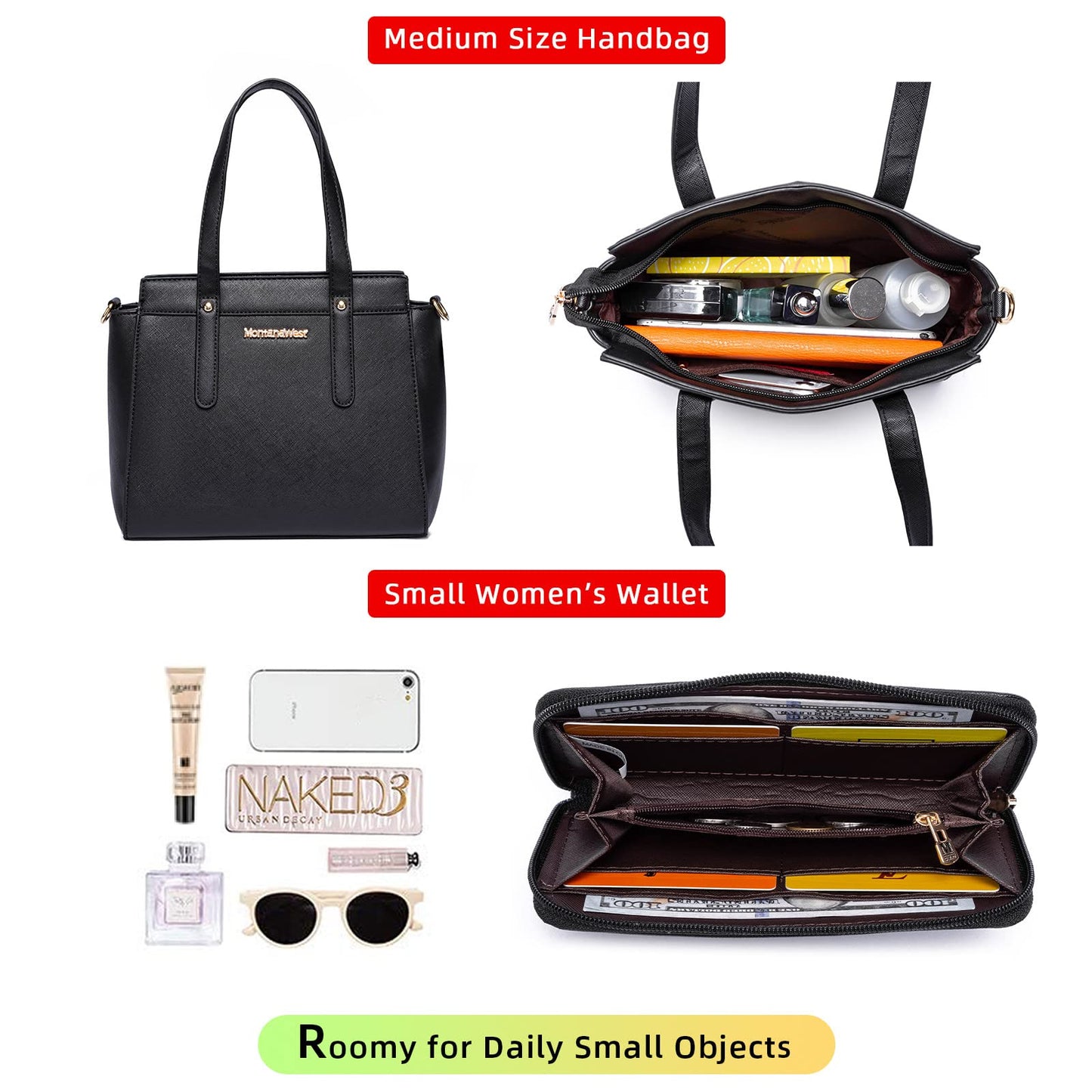 Montana West 3PCS Purses for Women Tote Bag and Wallet Set Shoulder Satchel Crossbody Bags Leather Handbag for Gift Travel Casual Work MWC3-C032WBK
