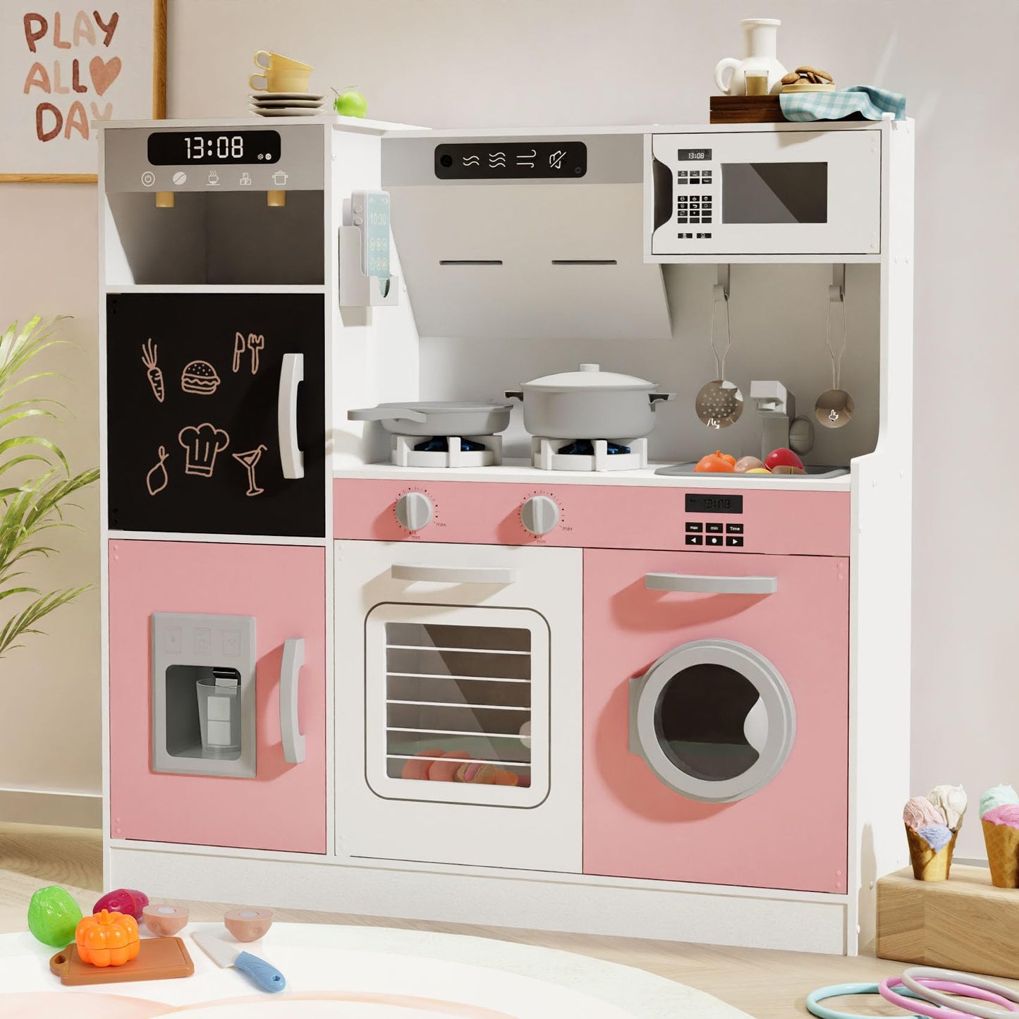 BIERUM Play Kitchen with Realistic Lights & Sounds, Wooden Kitchen Playset with 28 Pcs Toy Food & Cookware Accessories, Toy Kitchen with Plenty of Play Features, Idea Gift for Boys and Girls Ages 3+