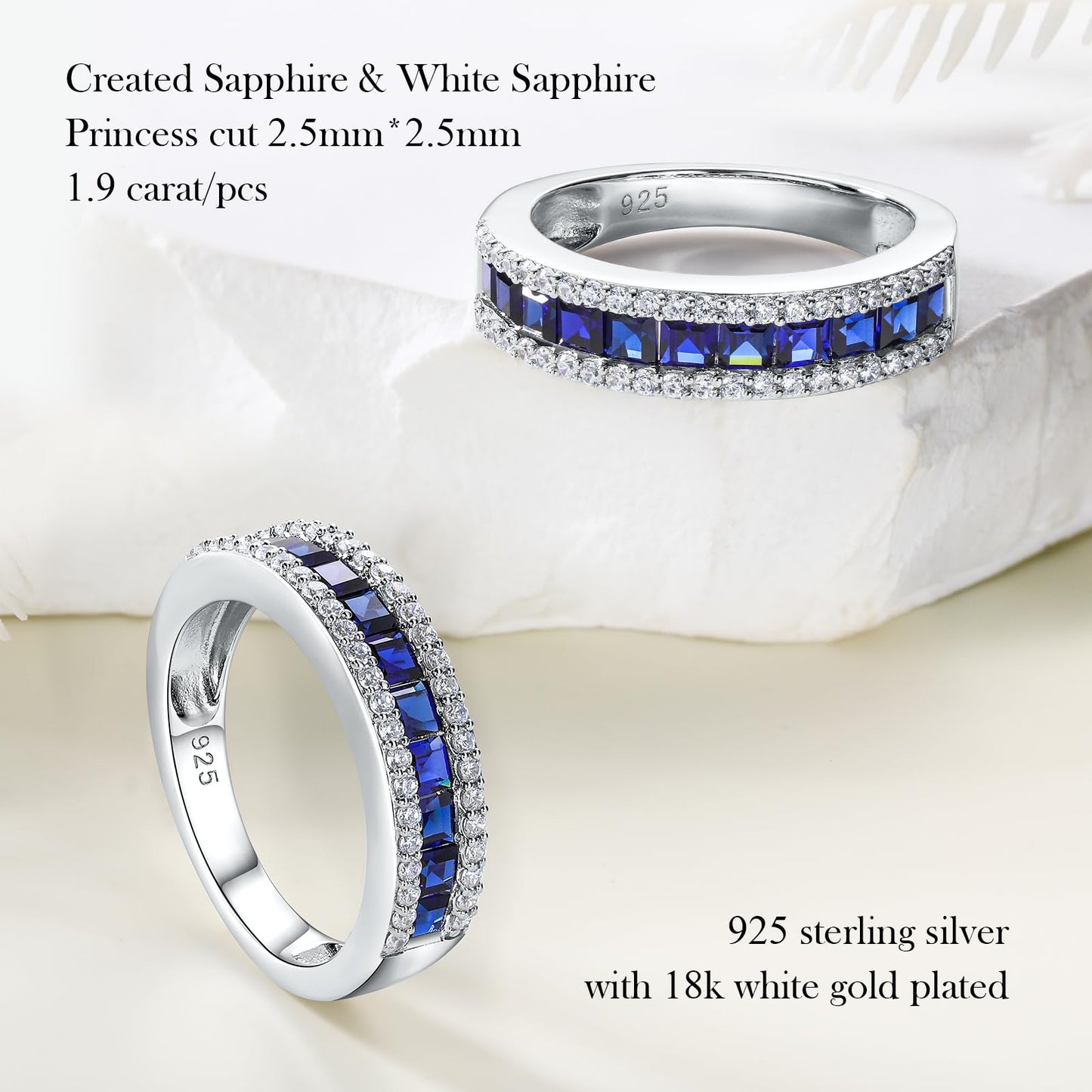 RANDES Blue Sapphire Eternity Ring Bands for Women Men 925 Sterling Silver Princess Cut Engagement Ring Anniversary Band Size 9.5