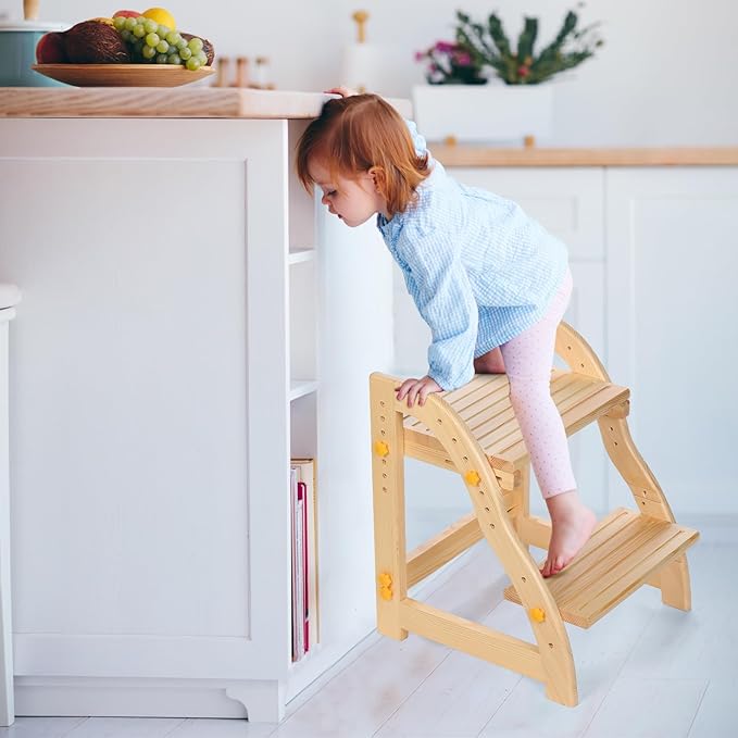 Wooden Step Stool for Kids, Adjustable Toddlers Two Step Stool Wood for Bathroom Kitchen, Non-Slip Beside Stepping Stool with 200 lbs Capacity (Natural Pine)