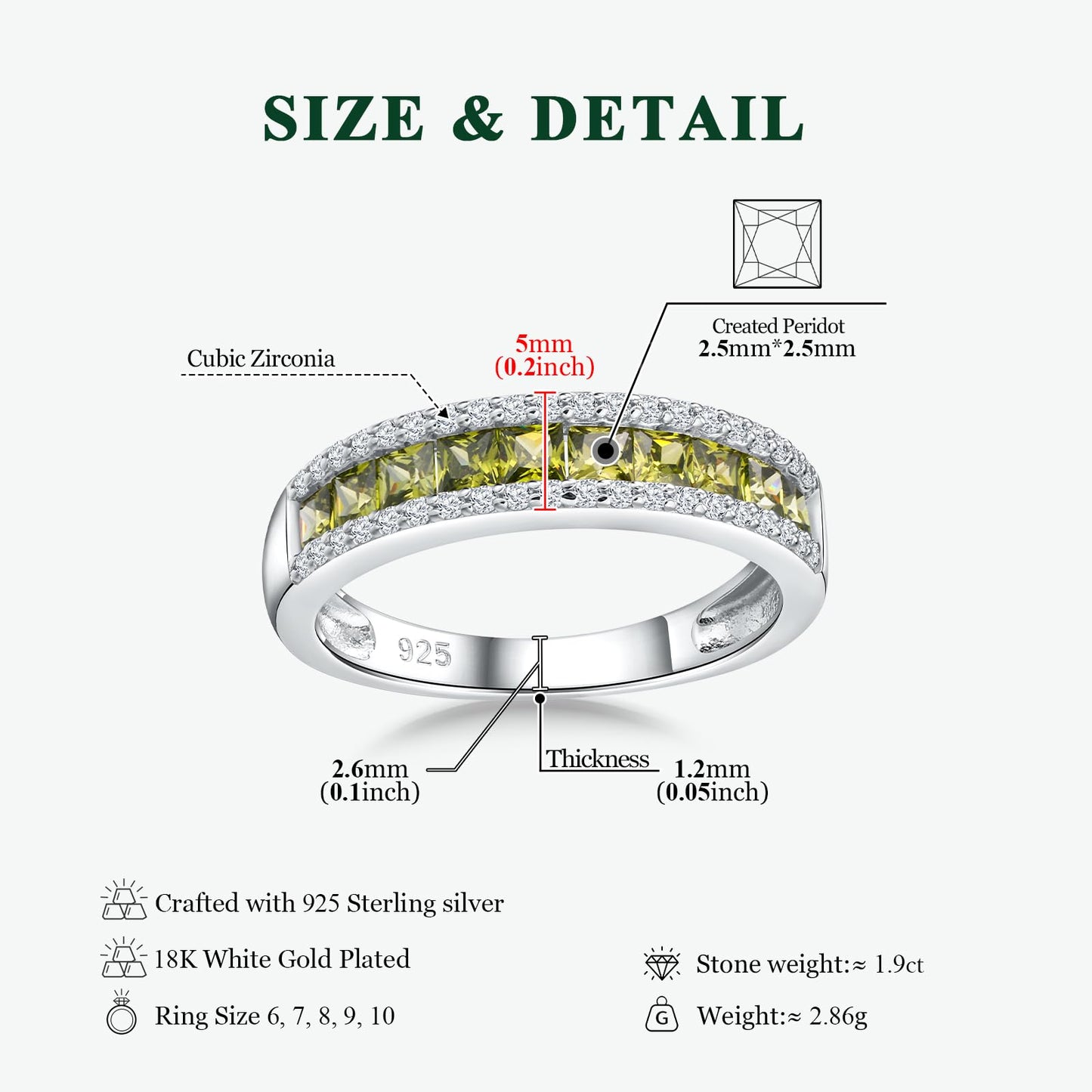 RANDES Peridot Ring August Birthstone Ring 925 Sterling Silver Band Rings for Women Channel Set Princess Cut Eternity Band Size 10