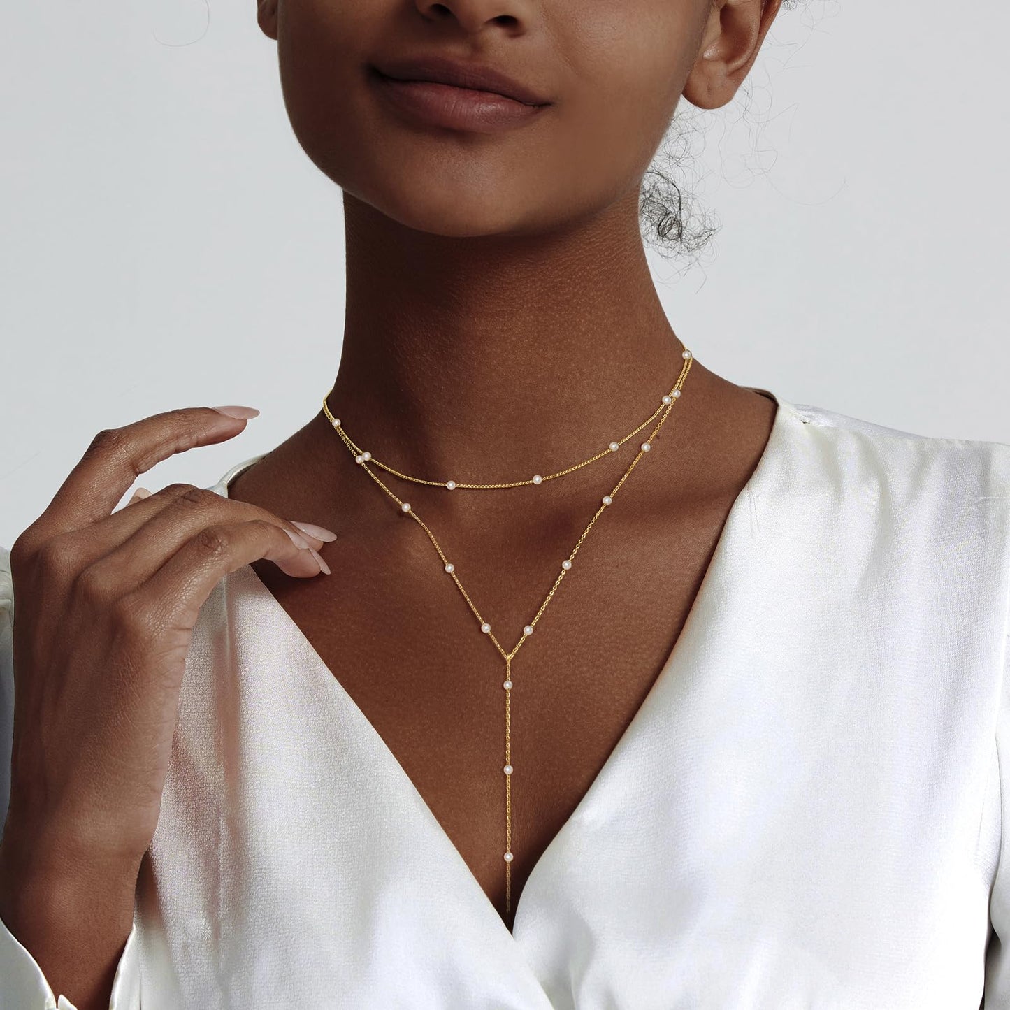 Luxval Long Pearl Necklace for Women Gold Layered Lariat Y-Shaped Pearl Chain Drop Necklace Dainty Layered Gold Pearls Necklaces for Women Trendy Simple Wedding Jewelry Gift