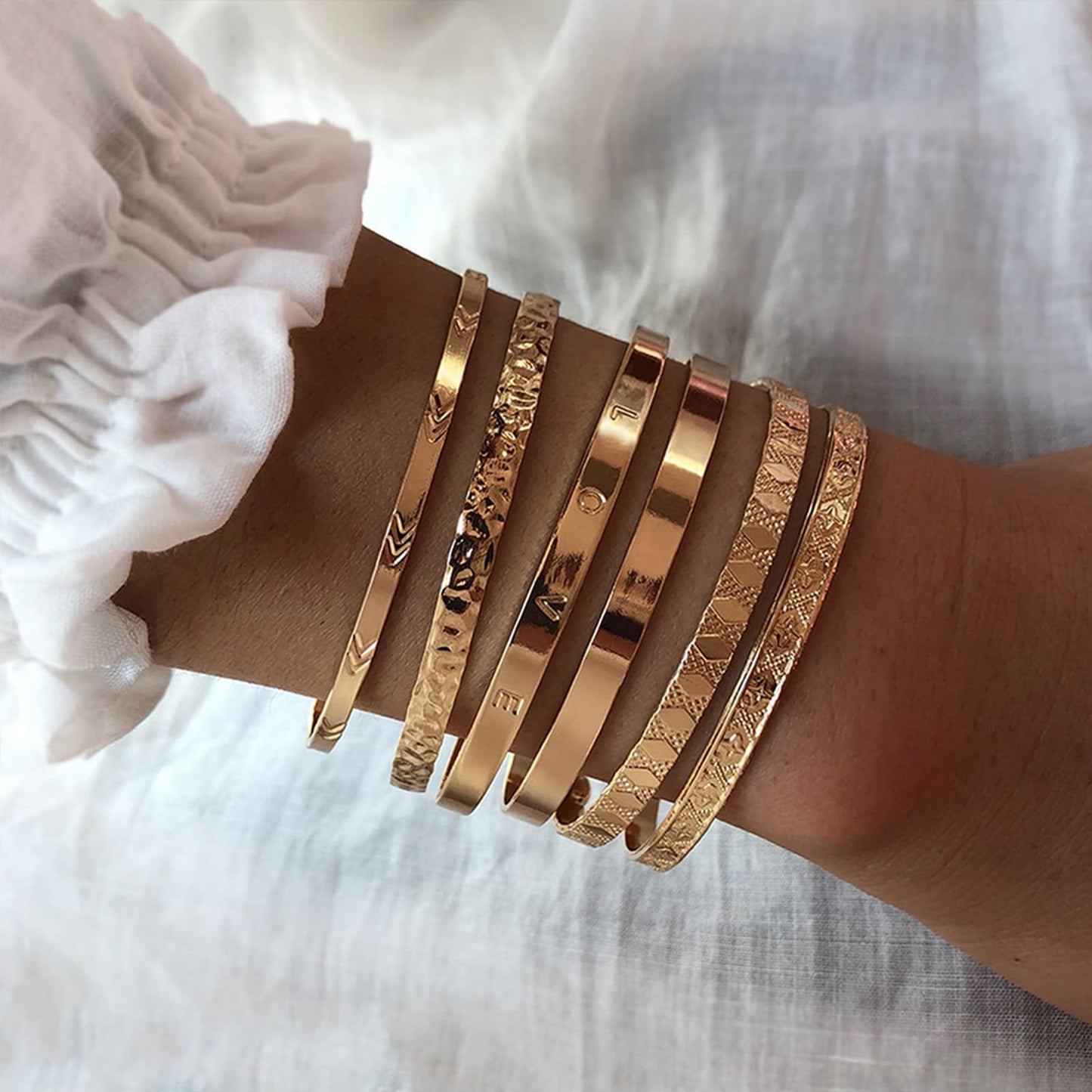 IFKM Gold Bangle Bracelets For Women, 14k Gold Plated Multi Layer Stackable Cuff Bracelet Set, Trendy Elegance Charms Non Tarnish Minimalist Textured Boho Jewelry Gift (6pcs Love)