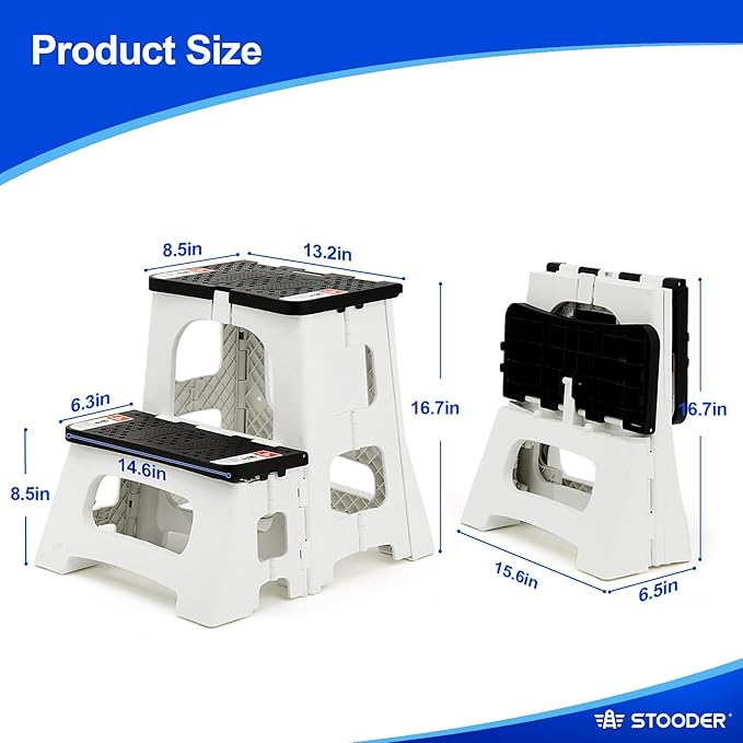 Folding 2-Step Stool - Upgraded Stable A-Frame, Safety Lock, Anti-Slip Rubber Feet, 300lb Capacity, No Assembly - 8" 17" Step Stools for Kitchen, Bathroom, Bed, RV, Home, Office (Panda)