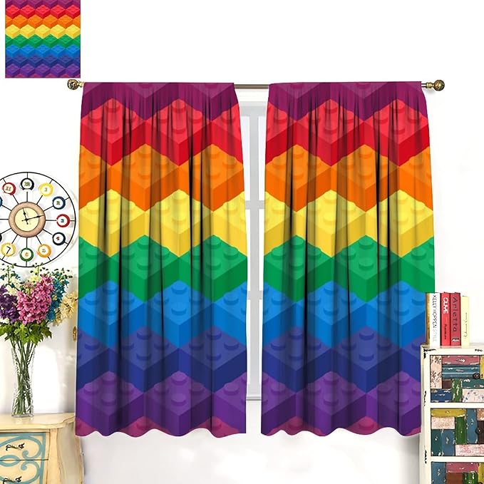 Colorful Building Blocks Cartoon Toy Printed Curtains, Bedroom, Living Room, Architecture, Curtains, Fun Brick 3D Design Curtains, Children's Living Room, Window Treatment Panels 2 Panels 63x63in