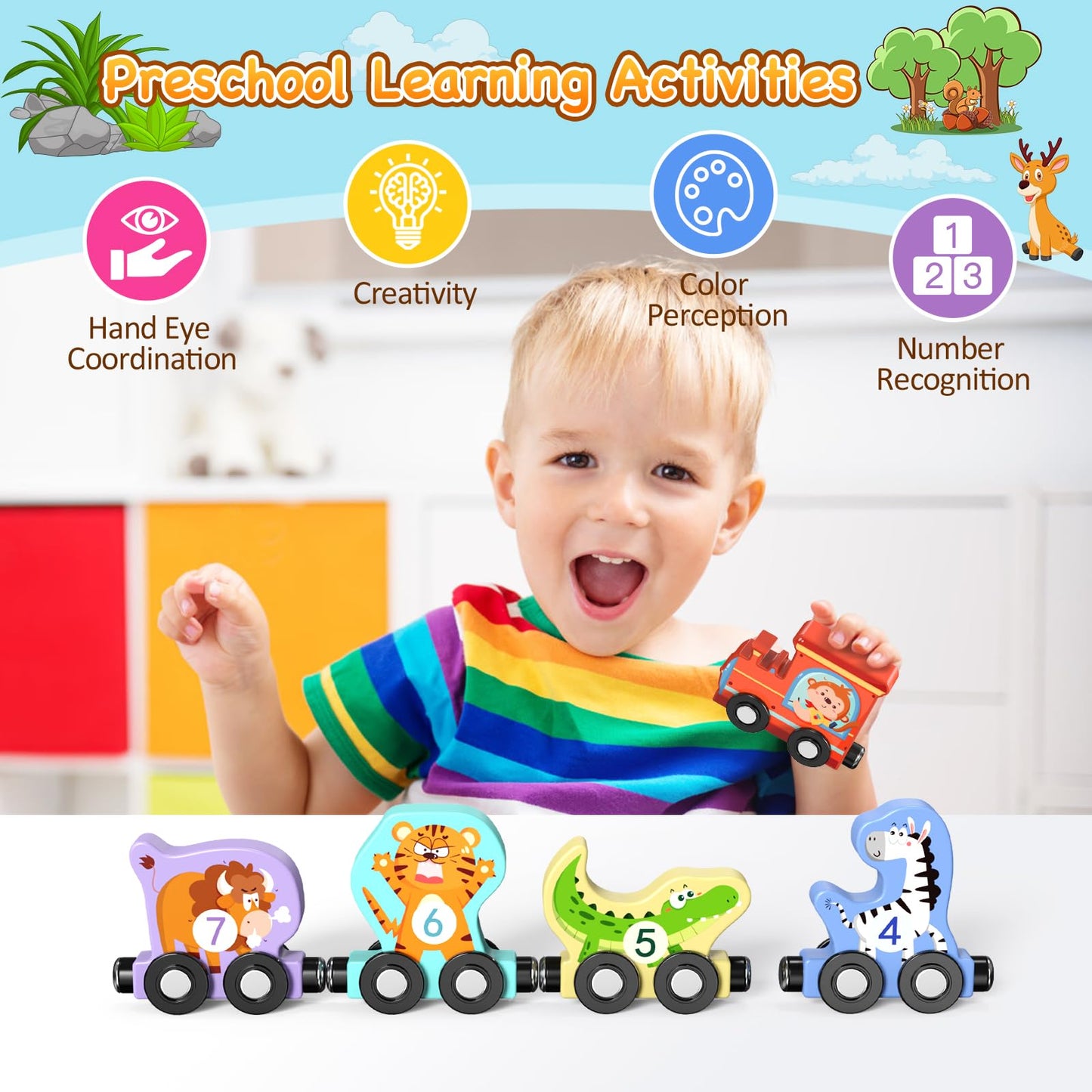 Zeoddler Toys for Toddlers, 11 Magnetic Wooden Animals Train Set, Montessori Toys for Toddlers, Preschool Learning Activities for Kids, Birthday Gifts for Boys, Girls