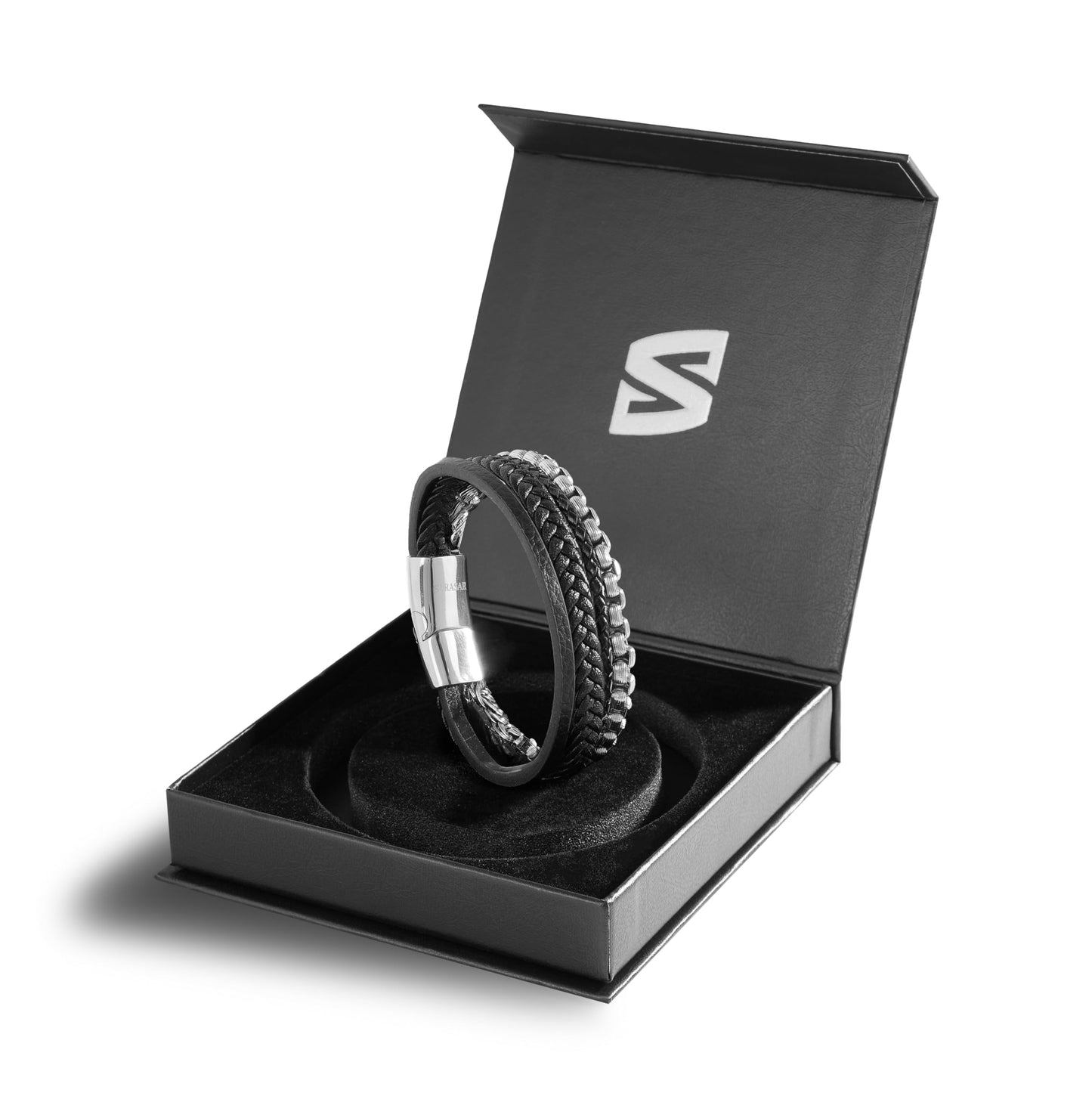 SERASAR Pulsera de cuero plateado para hombre 20cm Idea regalo Caja Piel vacuno trenzada genuino trenzado multicapa ajustable con cierre magnético