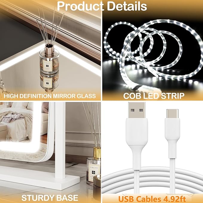 Makeup Vanity Mirror with Lights 15.2" Large LED Lighted Mirror, Hollywood Make Up Mirror with Lighting for Bedroom Tabletop, Smart Touch, 360° Rotation, (White)
