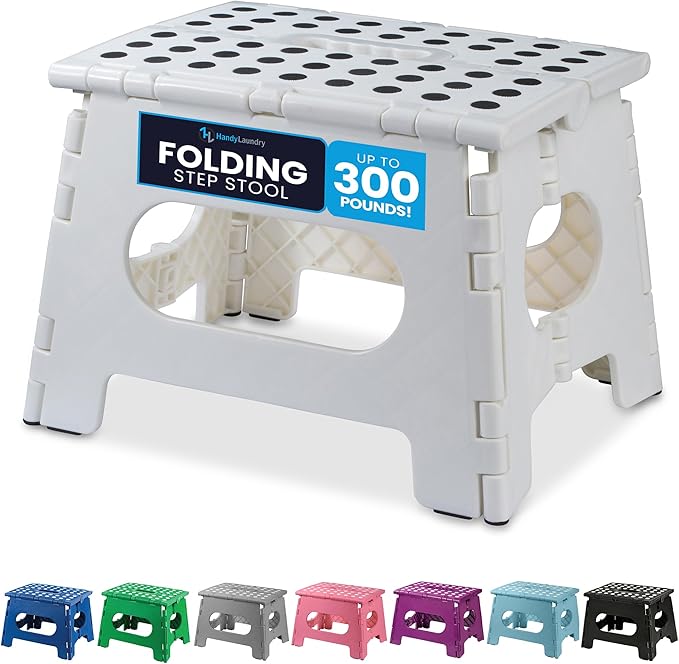 Handy Laundry Folding Lightweight Step Stool - Sturdy Enough to Support Adults and Safe Enough for Kids - Opens Easy with One Flip - Great for Kitchen, Bathroom or Bedroom (White - 9 Inch)