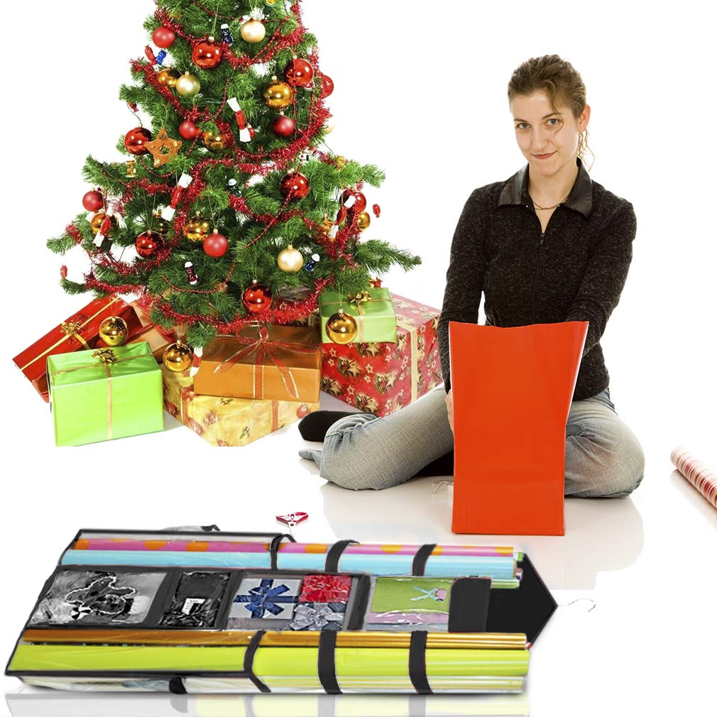 ProPik Hanging Double Sided Wrapping Paper Storage Organizer With Multiple Pockets Organize Your Gift Wrap, Gift Bags Bows Ribbons 40"X17" Fits 40 Inch Rolls Clear PVC Bag (Black)
