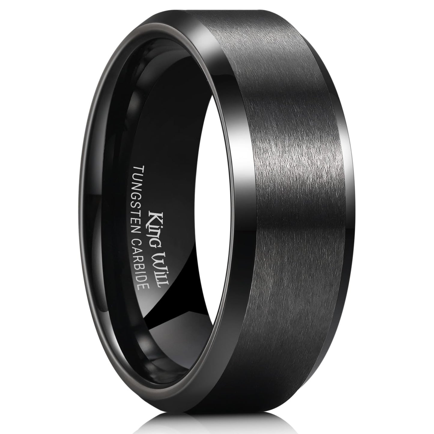 King Will 8mm Men's Black Wedding Ring - Brushed Matte Surface, Beveled Polished Edge, Comfort Fit Size 6