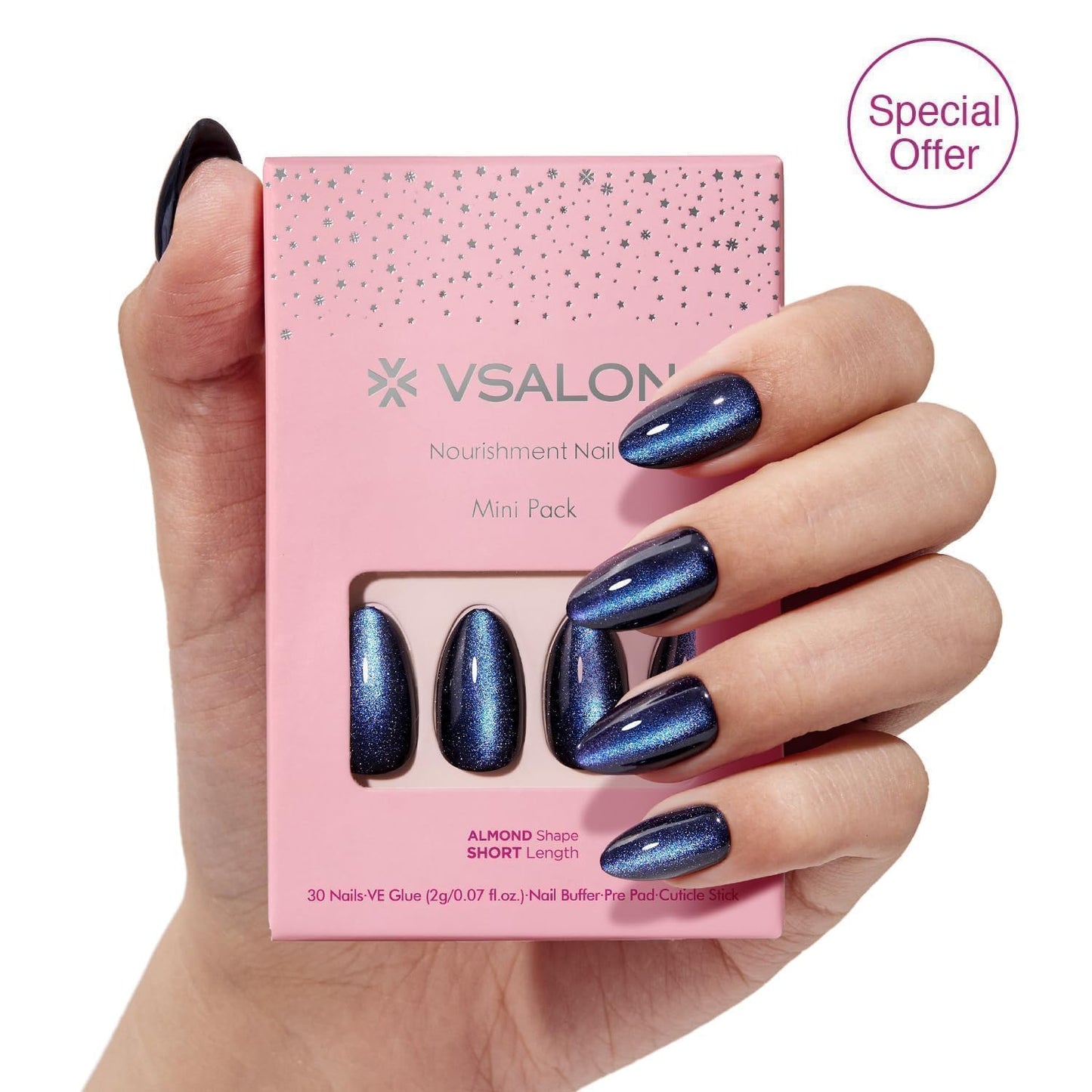 Press on Nails - Short Almond Pink Chrome Cat Eye Nails & Blue Cat Eye - 2 Reusable Nails Kit (Nourishment Nails & Mini Pack) - 16 Sizes