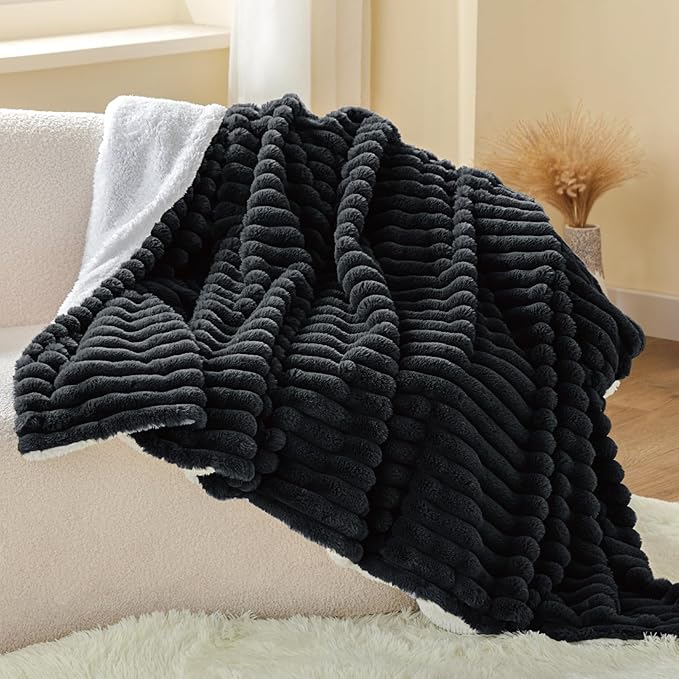 INFIIXSO Sherpa Throw Blanket for Couch - Super Soft & Warm Striped Fleece Blanket, Cozy Plush Fluffy Blanket All Season Use (Black, 60x80 Inches)