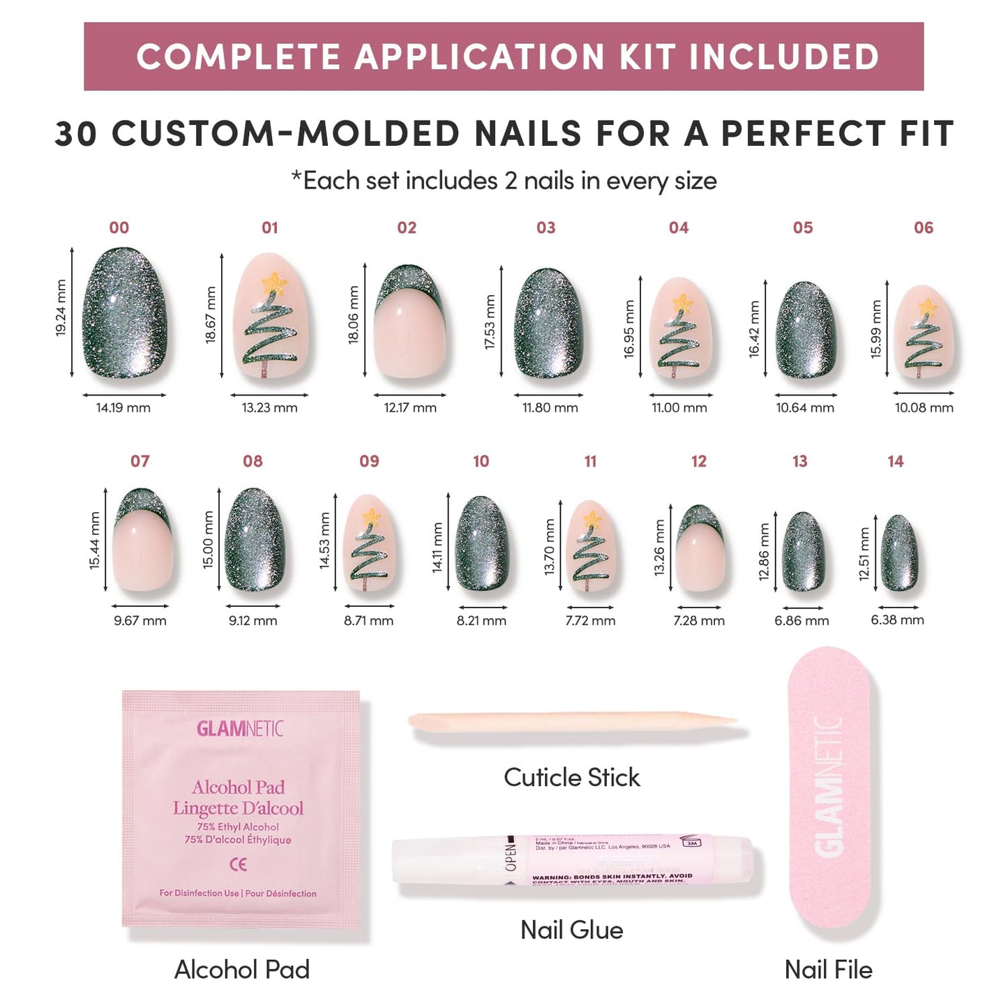 Glamnetic Press-On Nails Bundle - Sweater Weather, Cold Hearted & Velvet Pine | Short Almond Fake Nails with White Glitter French Tips & 3D Designs | Short Almond Fake Nails with Heart Accent and Pale