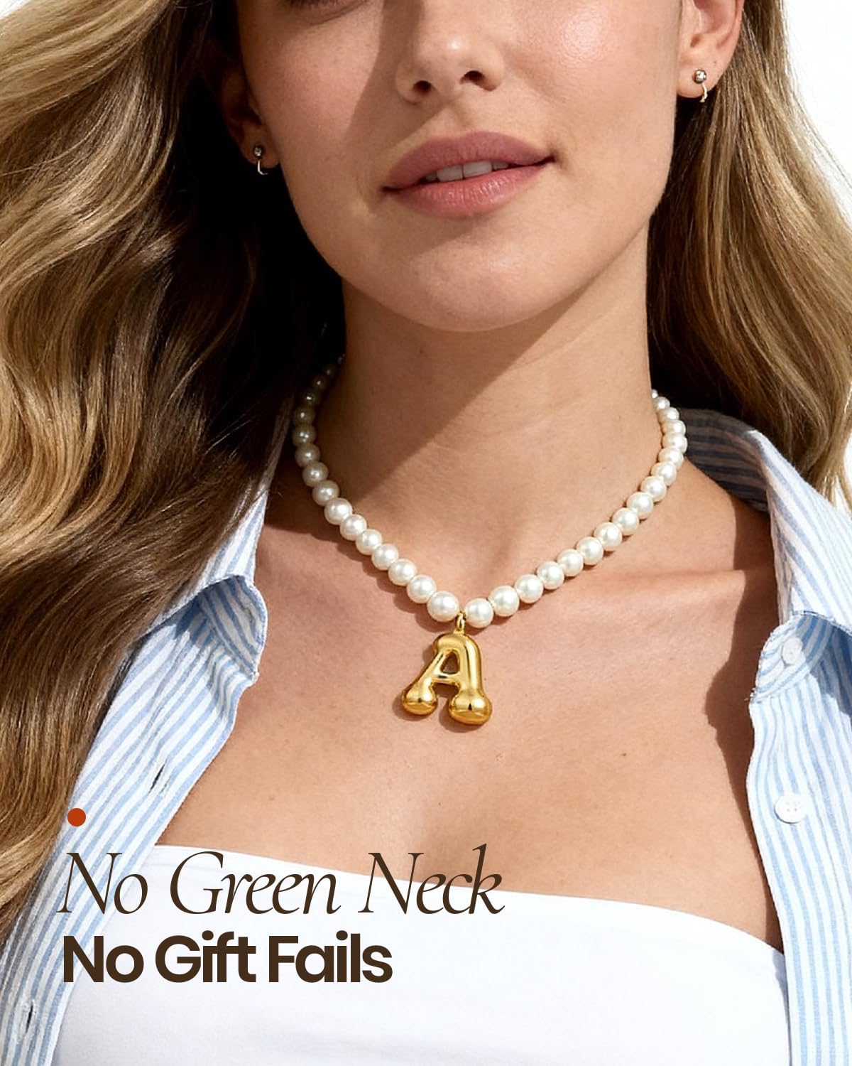 DoDoBeads Pearl Initial Necklace, 18K Gold Plated Stainless Steel Balloon Letter Pendant C, Non-Tarnish Waterproof Chunky Monogram Jewelry Gifts for Women Teens