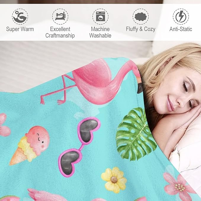 Flamingo Blankets Gifts - 60 x 80 Inches Cute Throw for Adults - Green Soft Fuzzy Plush Flamingo Blankets for Living Room