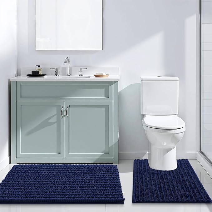 Arotive Luxury Chenille Bathroom Rug Mat, Extra Soft Thick Absorbent Shaggy Bath Rugs, Non-Slip Machine Wash Dry, Plush Bath Mats for Bathroom, Shower and Tub, 59x35, Navy