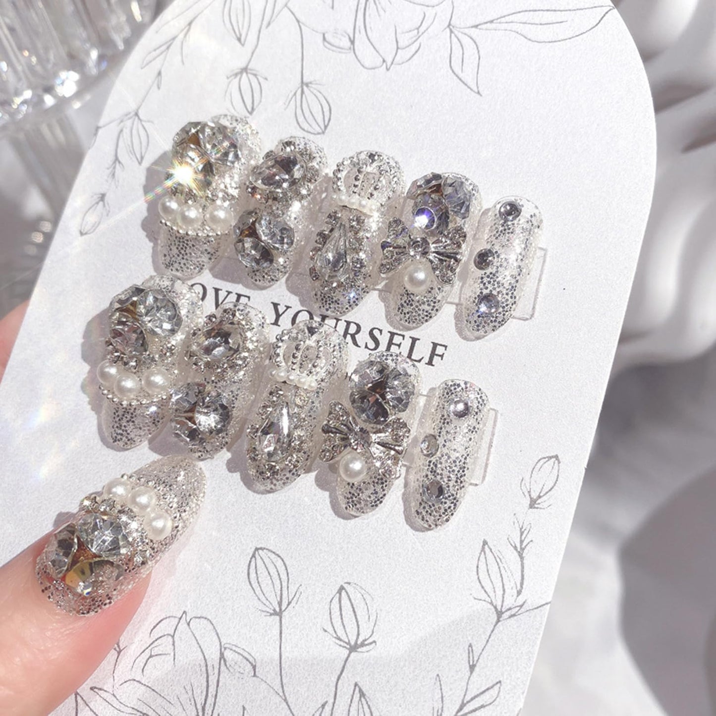 SINHOT Luxury Press on Nails - Medium Almond Fake Nails 3D Handmade Glitter & Bowknots Reusable False Nails with Rhinestone Designs,DIY Artificial Nail Art, 24pcs