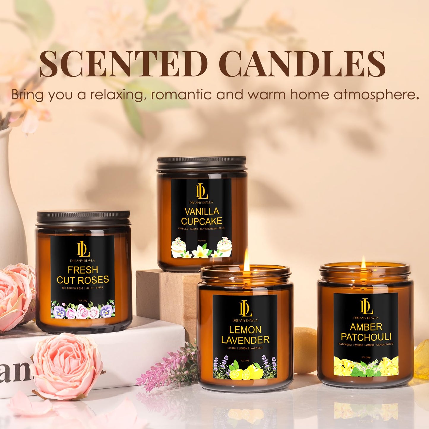 4 Pack Scented Candles Gift Set, 28oz Soy Candle for Home Scented, Aromatherapy Candle Gifts for Women & Men, Scents of Fresh Cut Roses/Lemon Lavender/Vanilla Cupcake/Amber Patchouli