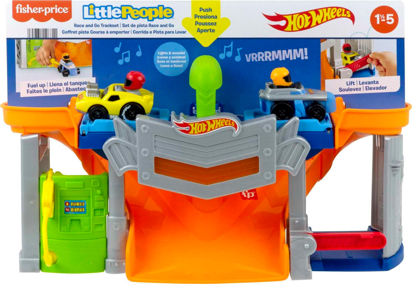 Fisher-Price Little People Hot Wheels Toddler Toy Race and Go Track Set with Lights Sounds & 2 Cars for Pretend Play Kids Ages 18+ Months