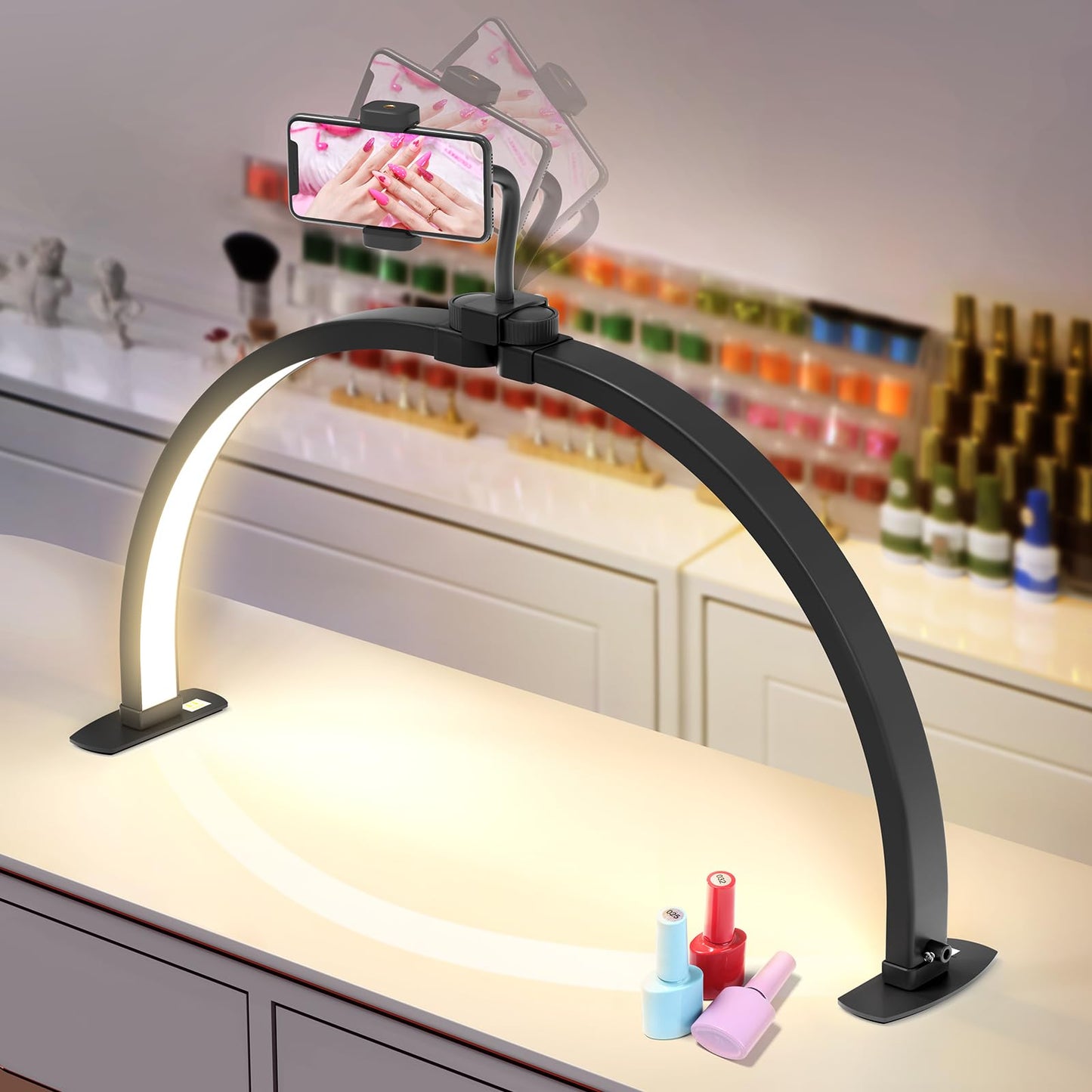 Yokilly Half Moon Light for Nail Desk: 29" Foldable Half Moon Nail Desk Lamp with Phone Holder for Beginner - Arch Tech Light with 3 Color Modes & 10 Brightness for Manicure Salon (Black, Large)