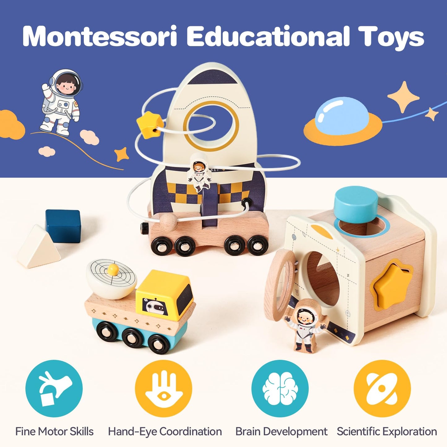 ibwaae Space Toys, Montessori Toys for 1 2 3 Year Old First Birthday Gift,Educational Learning Toys for Toddlers, Baby Toys with Shape Sorter Stacking