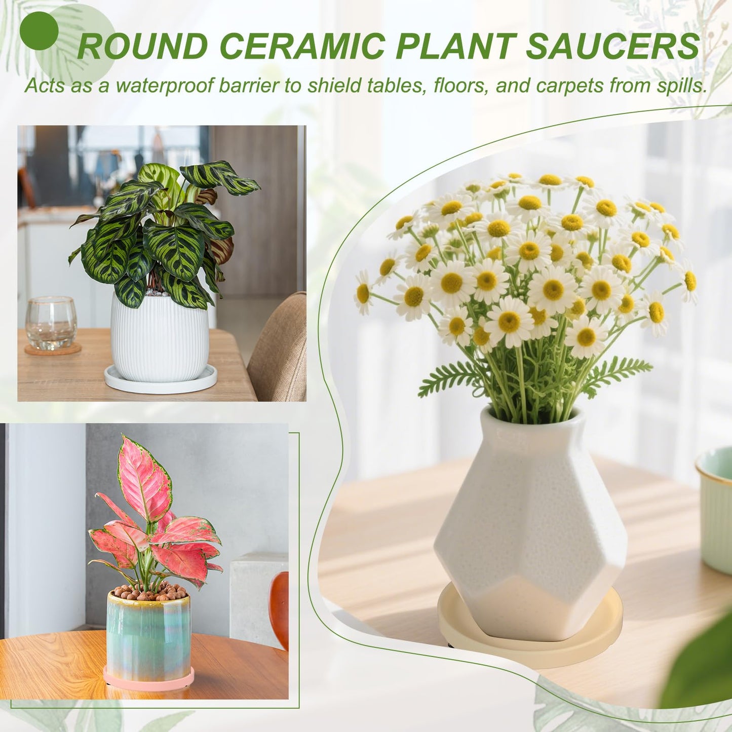 YELARXI 6.7 Inch Ceramic Plant Saucers, Round Flower Planter Water Trays Ceramic Plant Saucer Pot Tray -Fitting for (Outdoor/Indoors/Garden/Planting/Water/Flower/Coffee) Light Gray