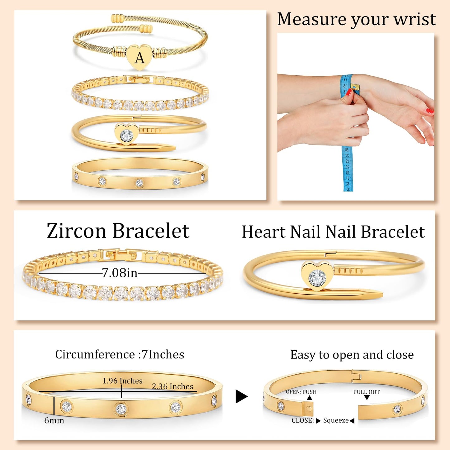 MEIERYA18K Gold Plated Nail love Bangle Bracelet Set for Women,Cubic Zirconia,Adjustable tennis bracelet Trendy Gift Jewelry for Mother's Day Anniversary (01-Style-A)