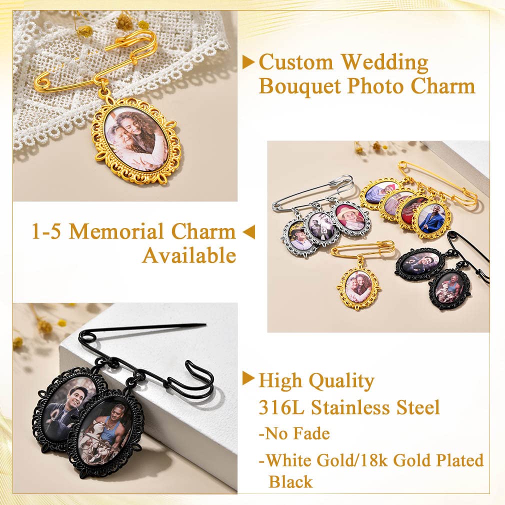 Custom4U Wedding Charms for Bouquet Custom 3 Picutres Customized Photo Pins Heart Shaped Memory Charm Funeral Boutonniere