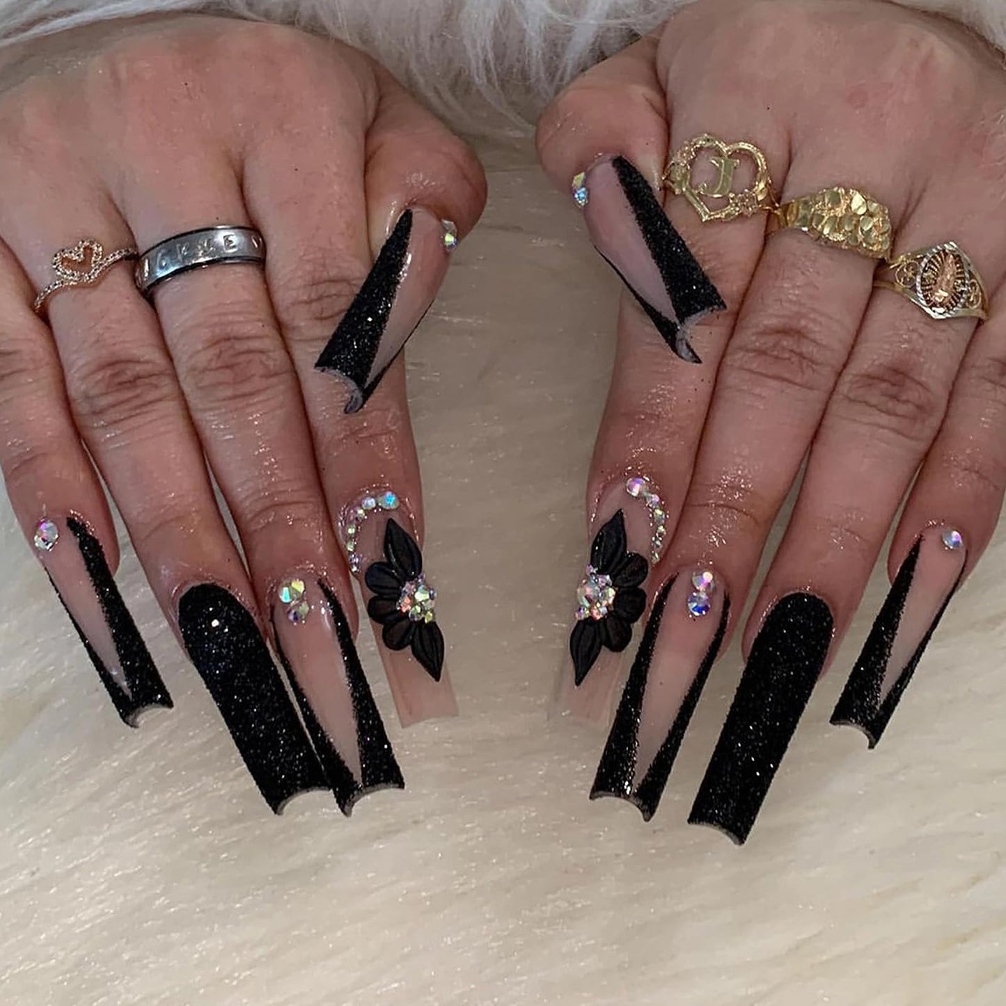 MISUD Press on Nails - Long Square Glue on Nails with Black French Tip, Acrylic Flower Rhinestone Design 24 pcs