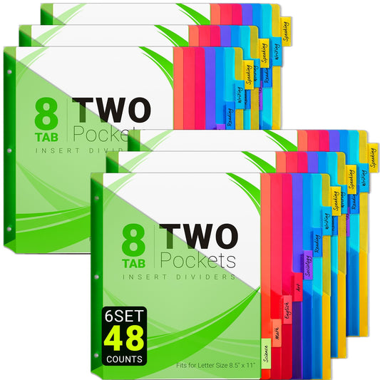 8-Tab Dividers for 3-Ring Binders, 48 Counts 3 Holes Index Dividers with 2 Pockets, Insertable 8 Tabs Binder Divider for 1/2''/1''/2''/3'' inch Binders, 8 Colors (6)