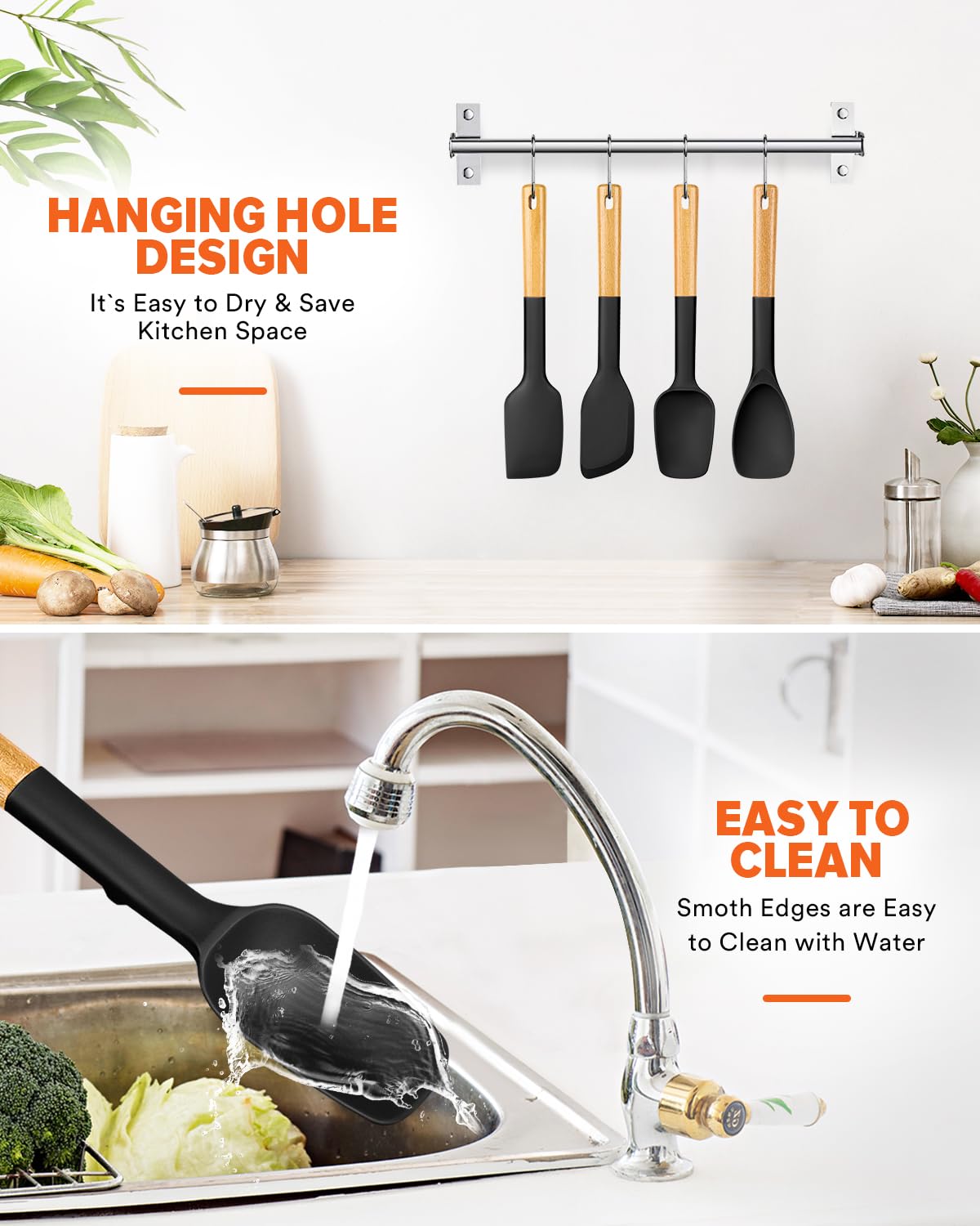 Silicone Spatula Spoon Set, Great for Mixing, Folding, Scraping, and Spreading, Sturdy BPA-Free Matte Silicone, Wooden Handle Rubber Spoonula for Nonstick Cookwares,4 Pack (BLACK)