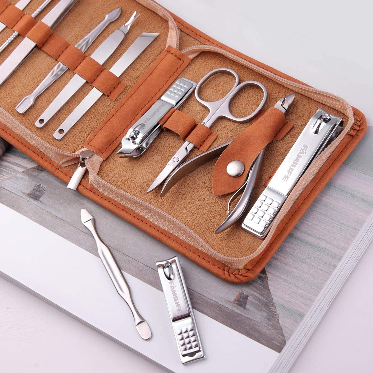FAMILIFE F03 13pcs Manicure Set and L07 100% Stainless Steel Ingrown Toenail File and Lifter Double Sided with Storage Case (Ingrown Toenail File)