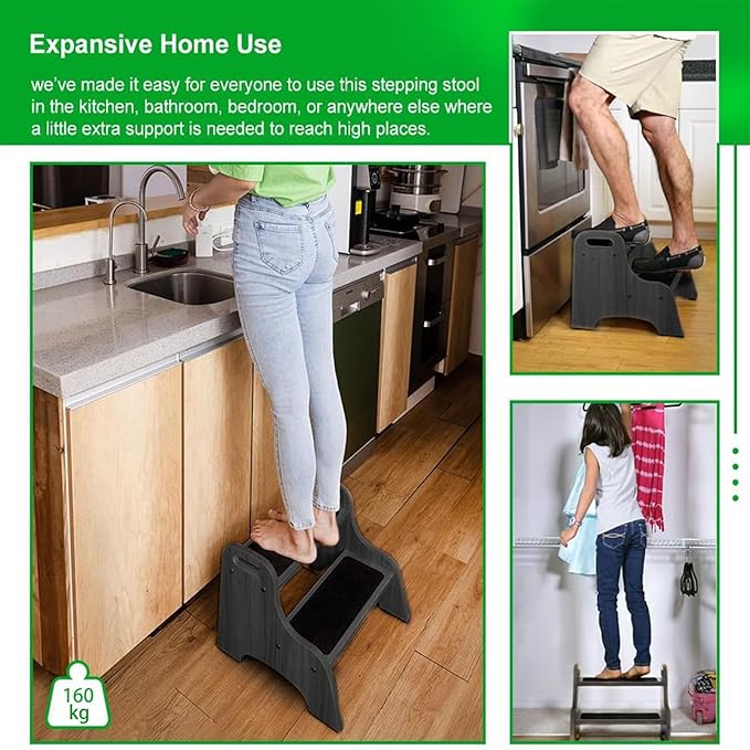 StrongTek Wood 2 Step Stool for Kids with Non-Slip Stepping Surface, Portable Handles, Skid Resistant Foot Pads, and 300 lbs. Capacity, Multipurpose Heavy-Duty Support (Espresso)