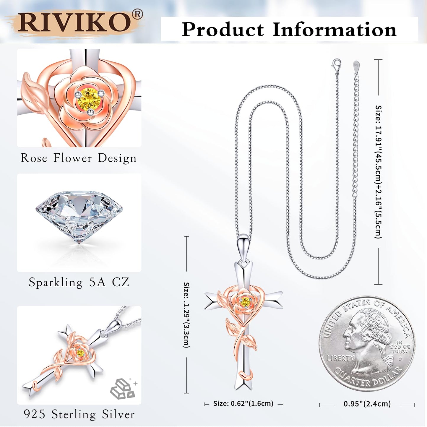 RIVIKO Mothers Day Gifts for Wife-925 Sterling Silver Cross November Birthstone Necklace for Women Cross Rose Pendant Necklaces Anniversary Jewelry Birthday Gift for Women Her Wife
