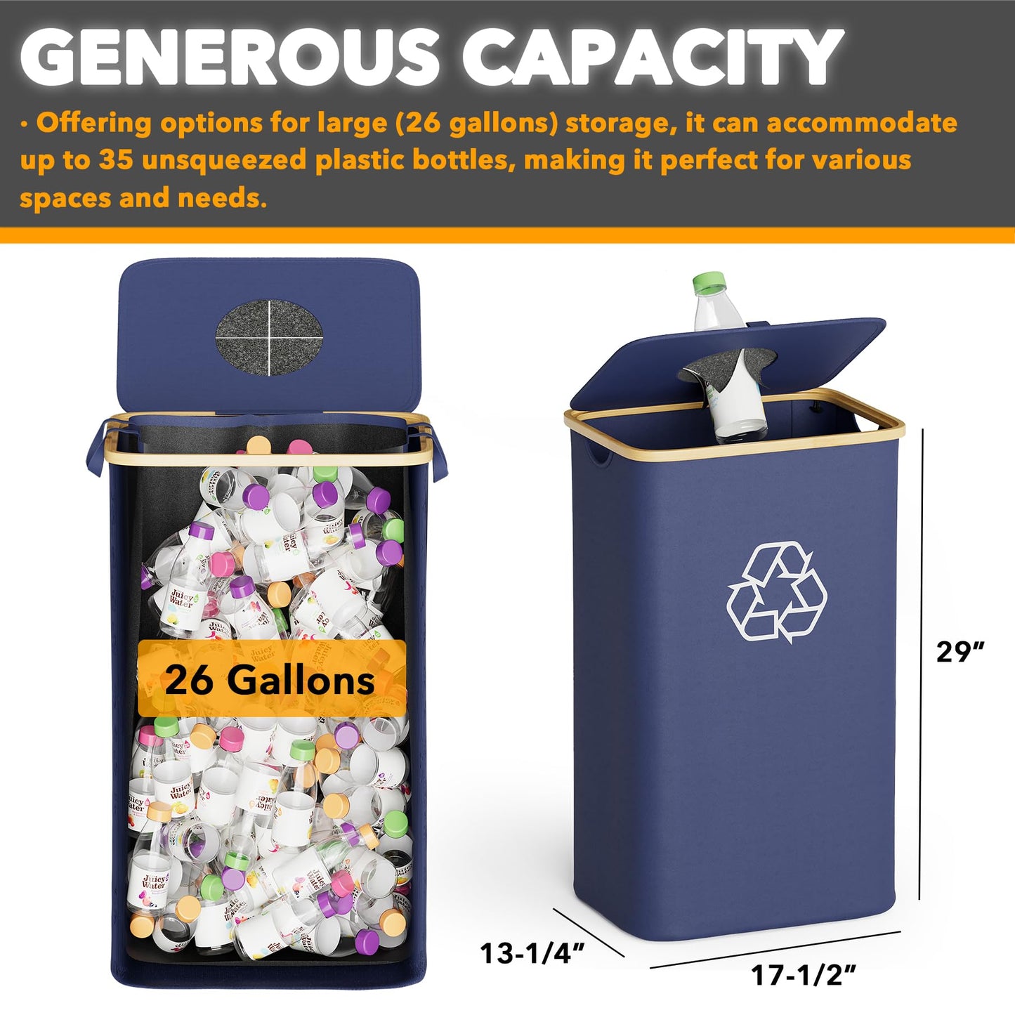 SpaceAid Recycling Bin for Kitchen 26 Gallon, 100L Recycle Bin with Lid and 2 Reusable Inner Bags, for Bottle Can Glass Plastic Stickers, Blue