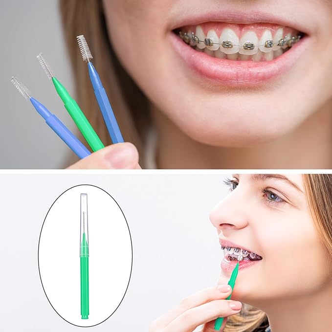 Patelai 100 Pieces Braces Brush for Cleaner Interdental Brush Toothpick Dental Tooth Flossing Head Oral Dental Hygiene Flosser Toothpick Cleaners Tooth Cleaning Tool (Blue, Green,Elegant Size)