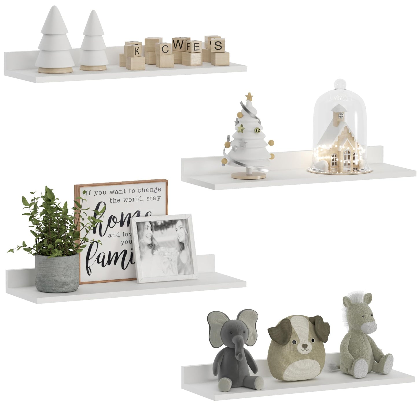WOPITUES Floating Shelves, Wall Mounted Shelves for Room Decor, Modern Display Shelf for Bedroom, Sturdy Bathroom Storage Shelves, Book Shelves for Living Room, White Small Corner Shelves, Set of 4