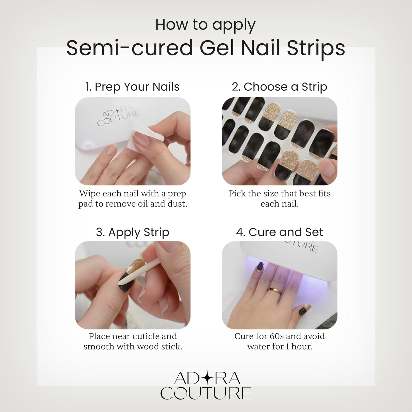 Adora Couture Semi Cured Gel Nail Strips with 20 Pieces - UV Gel Stickers, Manicure Kit, Easy Application Wraps Includes Prep Pads, Nail File, Wooden Stick - UV Light Required (Soft Meadow)